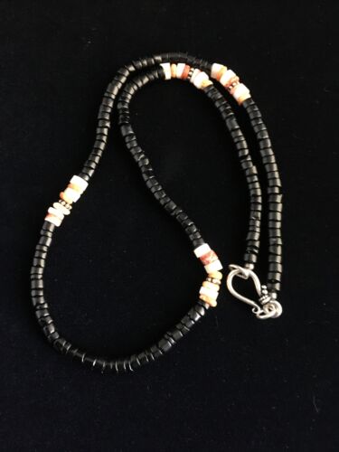 Navajo Mother of Pearl Black Onyx Spiny Necklace | Sterling Silver | 18" | Authentic Native American Handmade | 10012