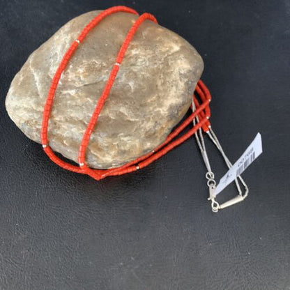 Navajo Red Coral Liquid Heishi Necklace | 2 Strands Sterling Silver Tubes | 22" | Authentic Native American Handmade | 768