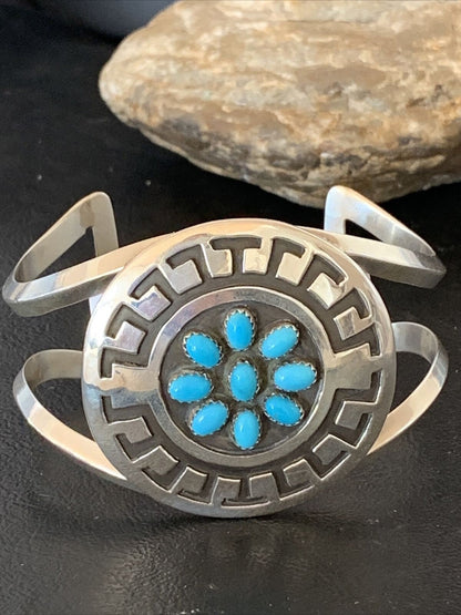 Men's Cluster Navajo Blue Kingman Turquoise Cuff Bracelet | Sterling Silver | Authentic Native American Handmade | 1652