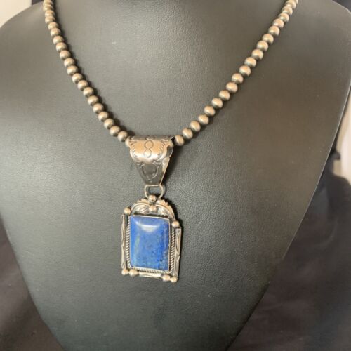 Navajo Denim Lapis Necklace with Pendant | Sterling Silver Pearls | Authentic Native American Handmade | 12438