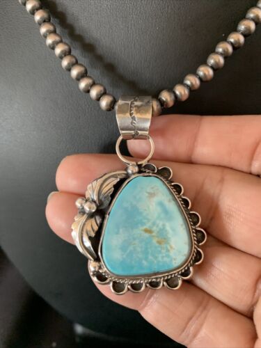 Blue Dry Creek Turquoise Pendant | Navajo Pearl Necklace | Men's Sterling Silver | 12976