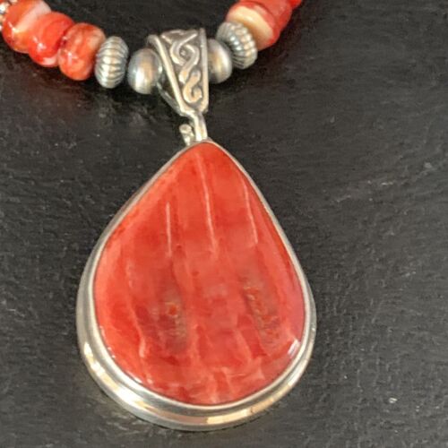 Navajo Red Spiny Oyster Necklace | Sterling Silver Pendant | Authentic Native American Handmade | Men's | 13815