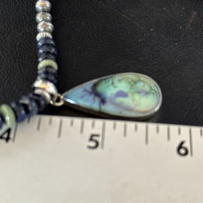 Navajo Green Turquoise Lapis Necklace with Opal Pendant | Sterling Silver | Authentic Native American Handmade | 14370