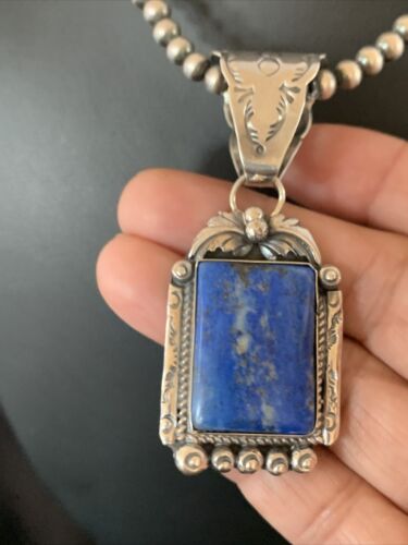 Navajo Denim Lapis Necklace with Pendant | Sterling Silver Pearls | Authentic Native American Handmade | 12440