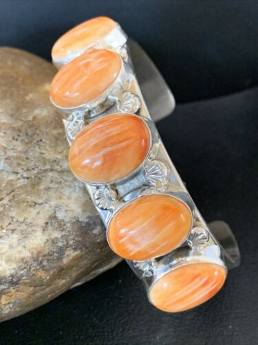 Native American Navajo Orange Spiny Oyster Row Cuff Bracelet | Sterling Silver | 1409