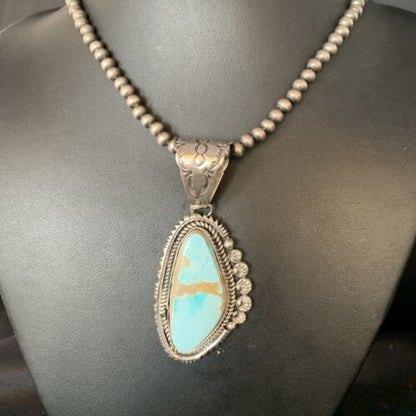 Men's Blue Royston Turquoise Pendant | Sterling Silver | 3" | Authentic Native American Handmade | 13938