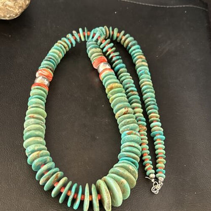 Navajo Turquoise & Red Spiny Oyster Necklace | Sterling Silver | Authentic Native American | 32" | 14376