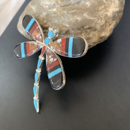 Zuni Wild Horse Turquoise Inlay Dragonfly Pin Pendant | Sterling Silver | 2077