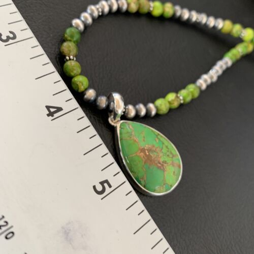 Women's Navajo Pearl Necklace with Green Mojave Turquoise Pendant | Sterling Silver | Native American Handmade | 11758