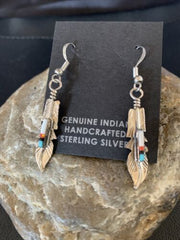 Navajo Coral Inlay Feather Earrings | Sterling Silver | Authentic Native American Handmade | 13065