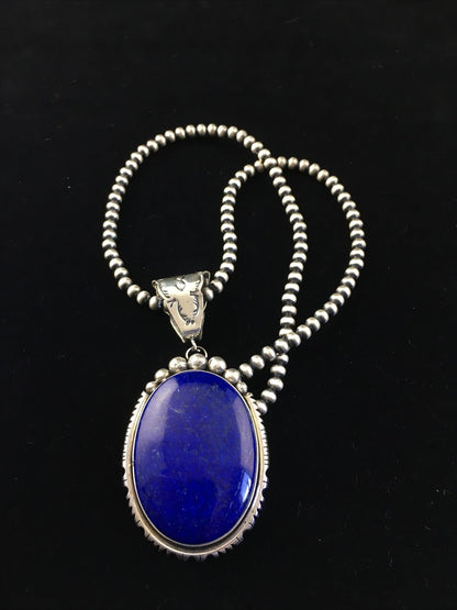 Men's XL Navajo Pearls Necklace Pendant | Sterling Silver Blue Lapis | Authentic Native American Handmade | 10116