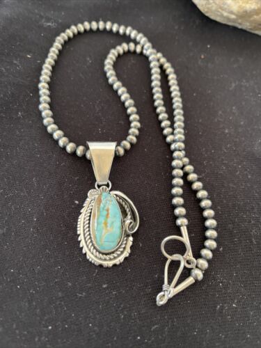 Women's Royston Turquoise Pendant Necklace | Navajo Pearls | Sterling Silver | Authentic Native American Handmade | 01182