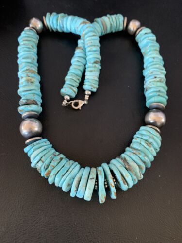 Authentic Native American Navajo Sterling Silver Necklace | Natural Turquoise #8 | Graduated Design | 28" | 13212