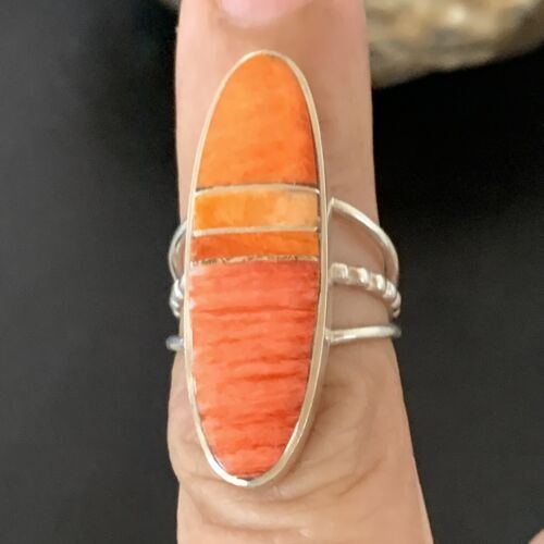 Navajo Red Spiny Oyster Inlay Ring | Sterling Silver | Sz 5 | Authentic Native American Handmade | 11585