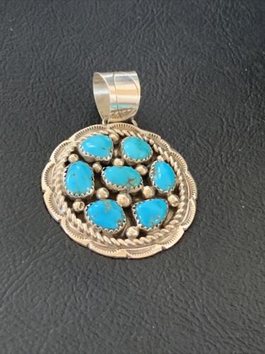 Navajo Blue Kingman Turquoise Cluster Pendant | Authentic Native American Sterling Silver | Multi-Stone | 2" | 02095