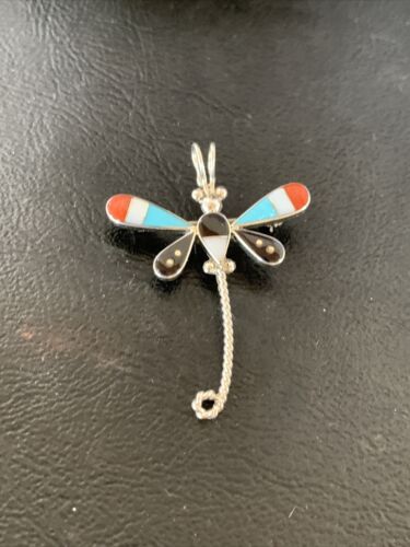Zuni Turquoise Mother of Pearl Inlay Dragonfly Necklace Pin Pendant | Sterling Silver | 12322