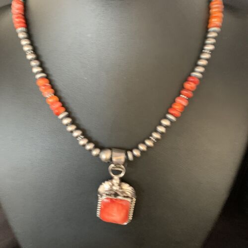 Navajo Red Spiny Oyster Pendant Necklace | Sterling Silver | 20" | Authentic Native American Handmade | 13653