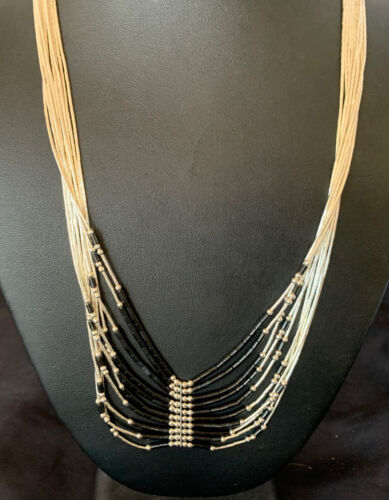 Navajo Black Onyx Liquid Silver Heishi Necklace | 10 Strand Sterling Tubes | Authentic Native American | 12298