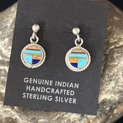 Navajo Multi-Color Turquoise Spiny Lapis Inlay Earrings | Sterling Silver | Authentic Native American Handmade | 14653