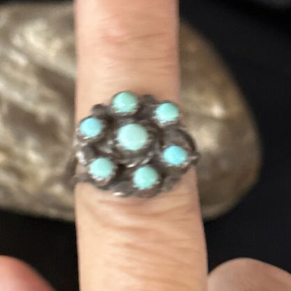 Zuni Blue Turquoise Cluster Ring | Authentic Native American Sterling Silver | Multi-Stone | Sz 7.5 | 14727
