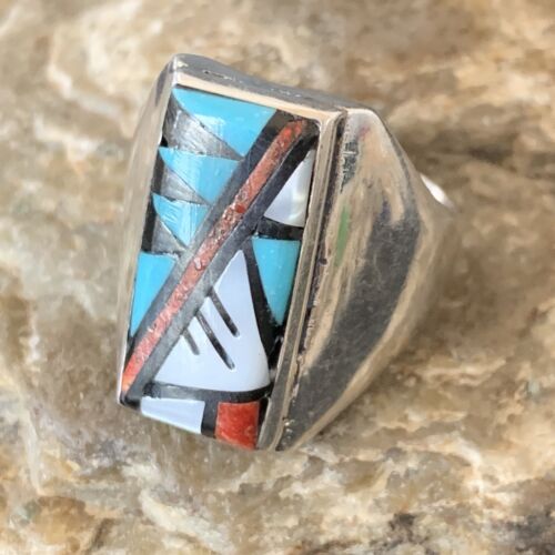 XL Zuni Men's Spiny Blue Turquoise Inlay Ring | Sterling Silver | Sz 15 | 12427
