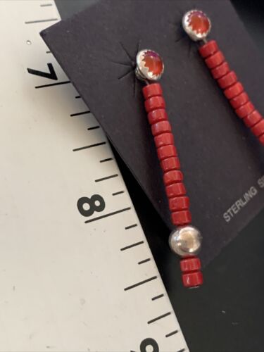 Navajo Pearl Heishi Dangle Earrings | Sterling Silver Red Coral Tube | 1.5" | 13051