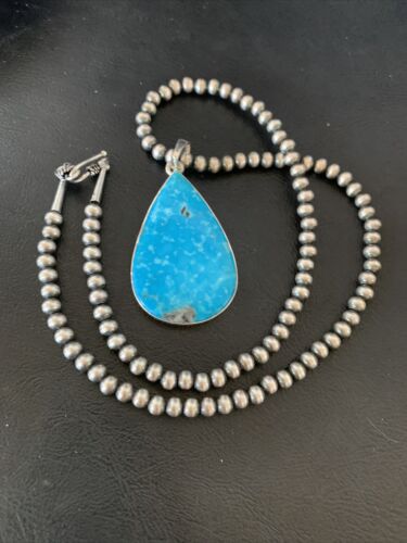 Navajo Pearls Blue Kingman Turquoise Necklace Pendant | Sterling Silver | Authentic Native American Handmade | 11810