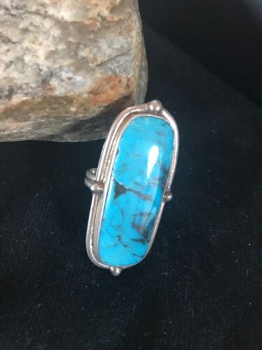 Navajo Blue Turquoise Ring | Sterling Silver | Adjustable | Authentic Native American Handmade | 10209