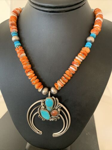 Navajo Turquoise & Spiny Oyster Naja Pendant Necklace | Sterling Silver Navajo Pearls | 1020