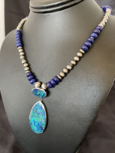 Women's Sterling Silver Necklace | Blue Lapis Bead Opal Inlay Pendant | Multi-Stone | 10584