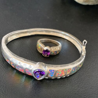 Old Pawn Navajo Opal Amethyst Bracelet | Sterling Silver | 7" | Sz 7 | Authentic Native American Handmade | 13121