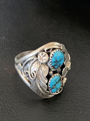 Navajo Blue Kingman Turquoise Feather Ring | Authentic Native American Sterling Silver | Multi-Stone | Sz 11.5 | 12221