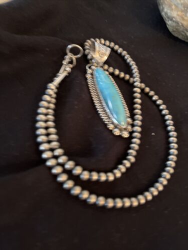 Men's Kingman Turquoise Pendant | Navajo Pearl Sterling Silver Necklace | Authentic Native American Handmade | 1070