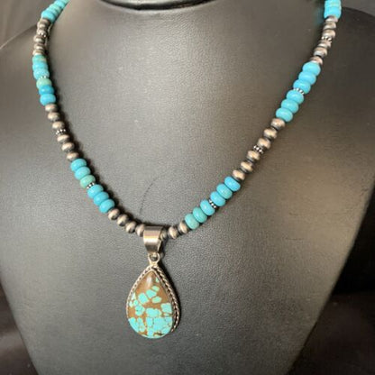 Navajo Blue Turquoise Pendant Necklace | Sterling Silver | Authentic Native American Handmade | 13827