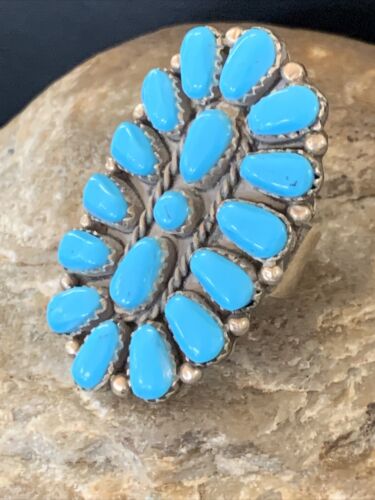 Navajo Kingman Turquoise Cluster Ring | Authentic Native American Sterling Silver | Multi-Stone | Sz 8 | 13856