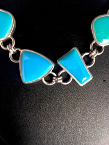 Navajo Sterling Silver Inlay Blue Turquoise Necklace & Bracelet Set | Old Pawn Jewelry | Authentic Native American Handmade | 8741