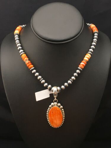 Navajo Orange Spiny Oyster Pendant Necklace | Sterling Silver | Authentic Native American Handmade | 8687