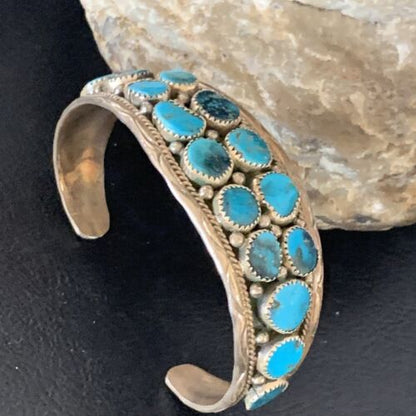 Navajo Blue Kingman Turquoise Cuff Bracelet | 2 Row | 16 Stone | Sterling Silver | Authentic Native American Handmade | 12691
