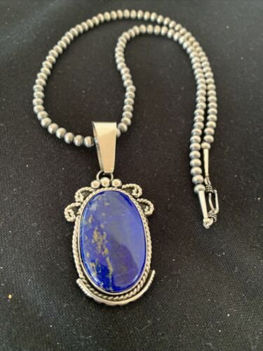 Native American Men's Navajo Pearls Necklace Pendant | Sterling Silver Blue Lapis | 1538