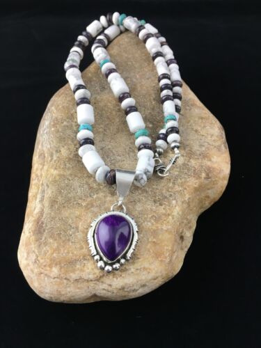 Men's Navajo Purple Sugilite Turquoise Bead Necklace | Sterling Silver | 22" | Authentic Native American Handmade | 10031