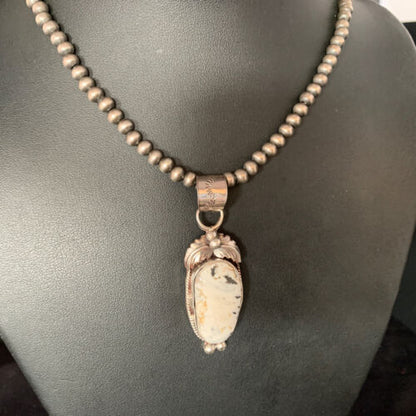 Men's Navajo Pearl White Buffalo Turquoise Sterling Necklace Pendant | 13752