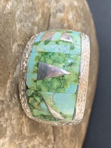Navajo Green Sonoran Turquoise Inlay Ring | Sterling Silver | Sz 10 | Authentic Native American Handmade | 2080