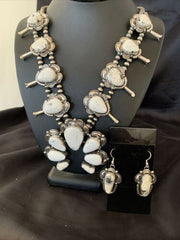 Navajo White Buffalo Turquoise Sterling Squash Blossom Necklace | Naja Pendant | 10957