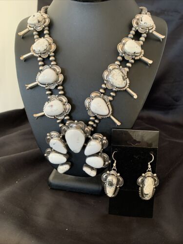 Navajo White Buffalo Turquoise Sterling Squash Blossom Necklace | Naja Pendant | 10957