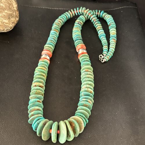 Navajo Turquoise & Red Spiny Oyster Necklace | Sterling Silver | Authentic Native American | 32" | 14378