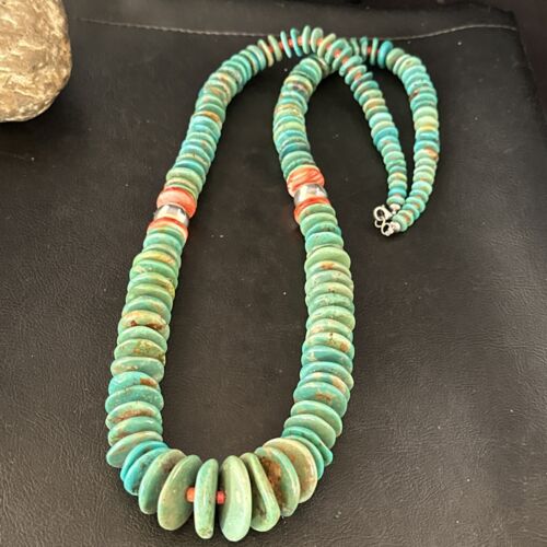 Navajo Turquoise & Red Spiny Oyster Necklace | Sterling Silver | Authentic Native American | 32" | 14360