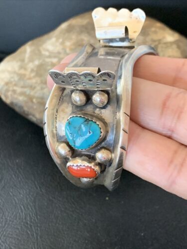 Navajo Sterling Silver Watch Cuff Bracelet | Blue Turquoise & Coral | Authentic Native American Jewelry | 12169
