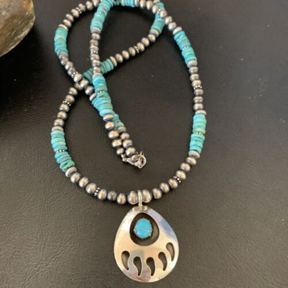 Navajo Bear Paw Pendant Necklace | Sterling Silver | Blue Turquoise | Men's | Authentic Native American Handmade | 12550