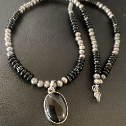 Native American Men's Navajo Pearl Necklace Pendant | Sterling Silver Black Onyx | 11905