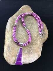 Navajo Purple Sugilite Inlay Pendant Necklace | Sterling Silver | 17" | Authentic Native American Handmade | 10008